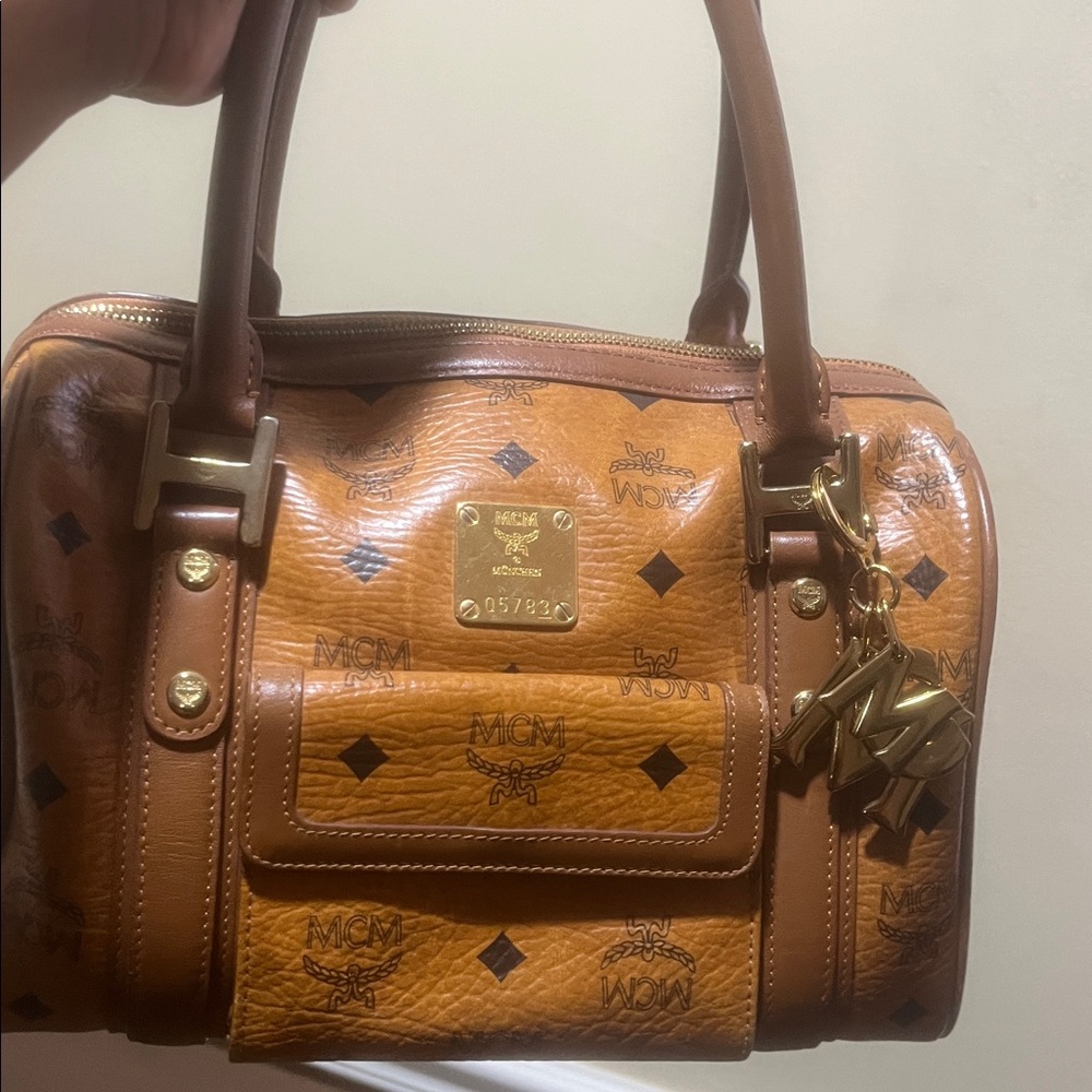 MCM Tan and Brown Satchel with Gold Details